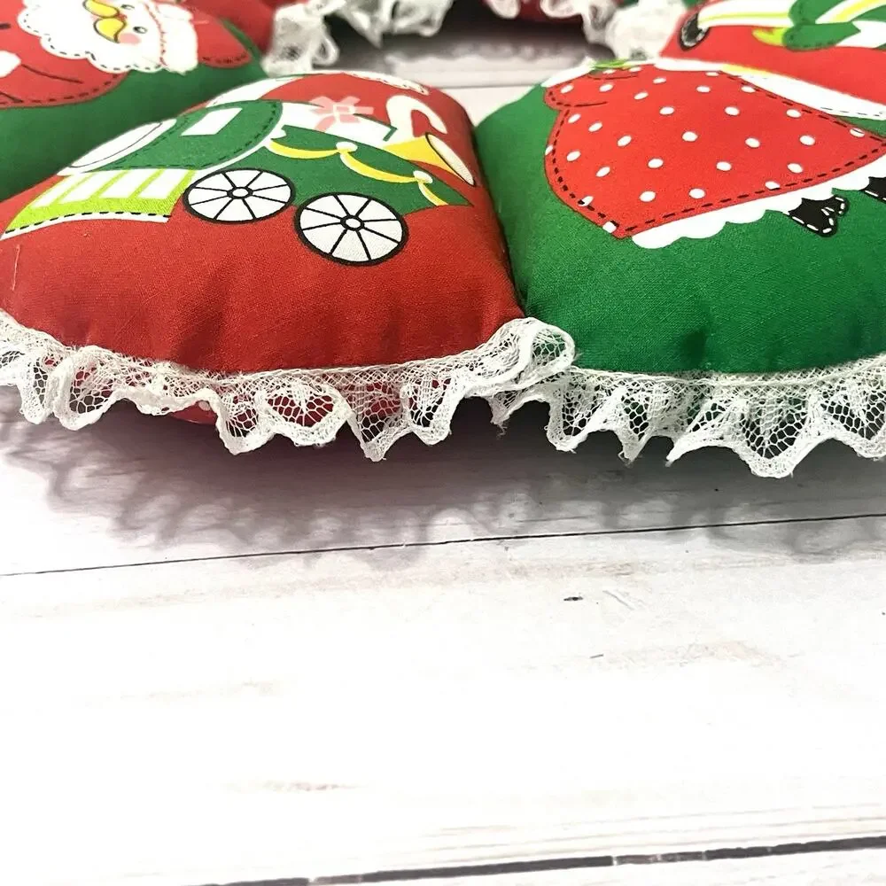 Vintage Stuffed Fabric Pillowed Lace Wreath Christmas Farmhouse Decor Red Green